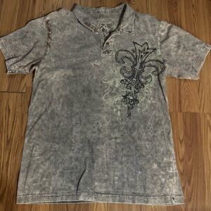Oceanic Men's Acid Wash Gray Graphic Polo Shirt Size XXL Studded Brown Cross Y2k